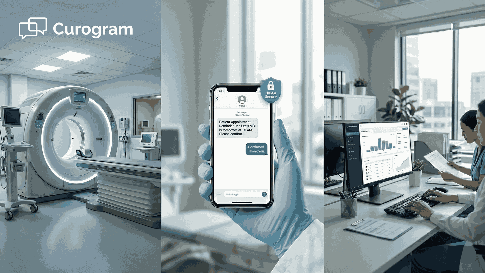 Medical staff and patient receiving HIPAA-compliant appointment reminder text message