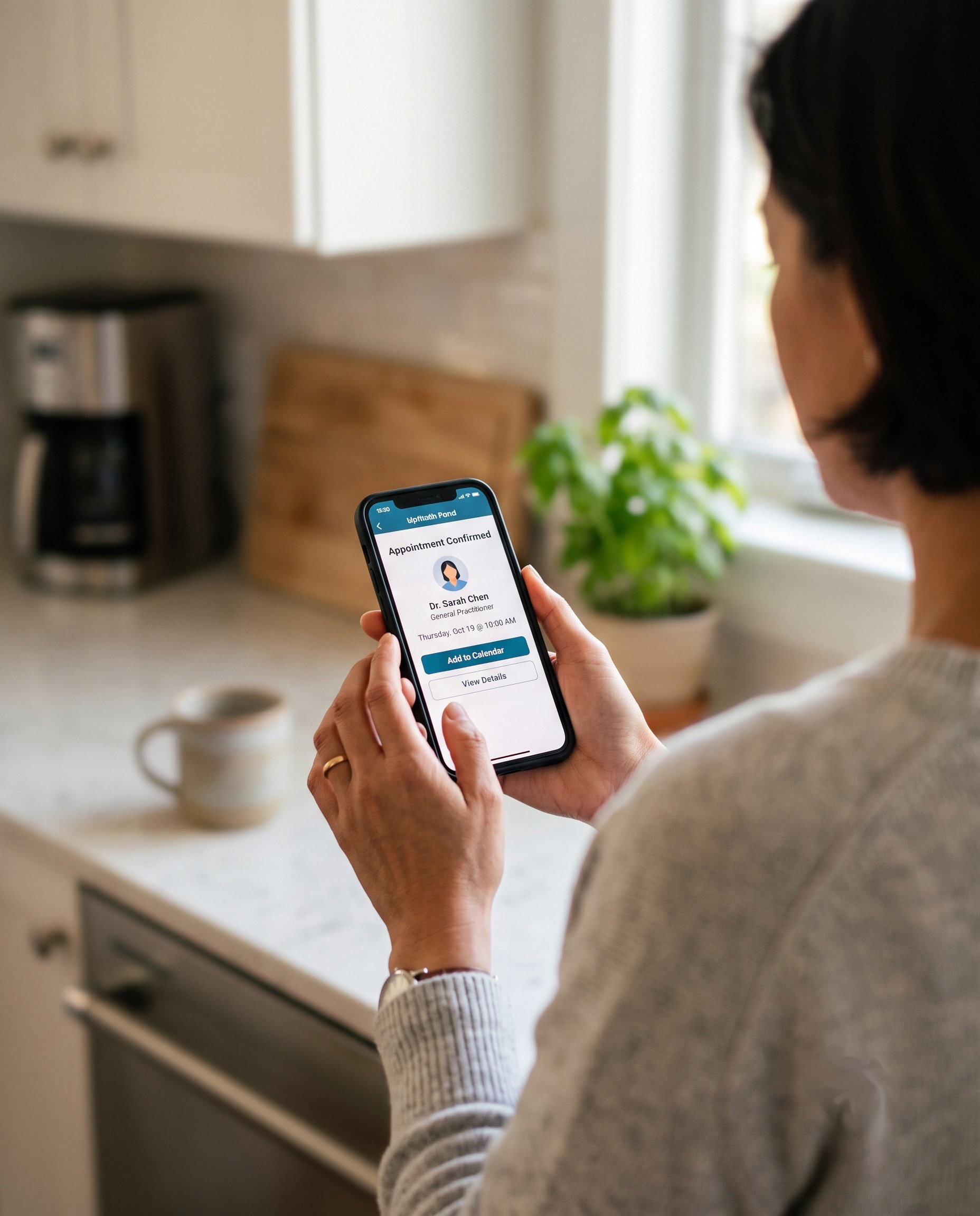 Over-the-shoulder shot of a patient checking an appointment confirmation on a phone app