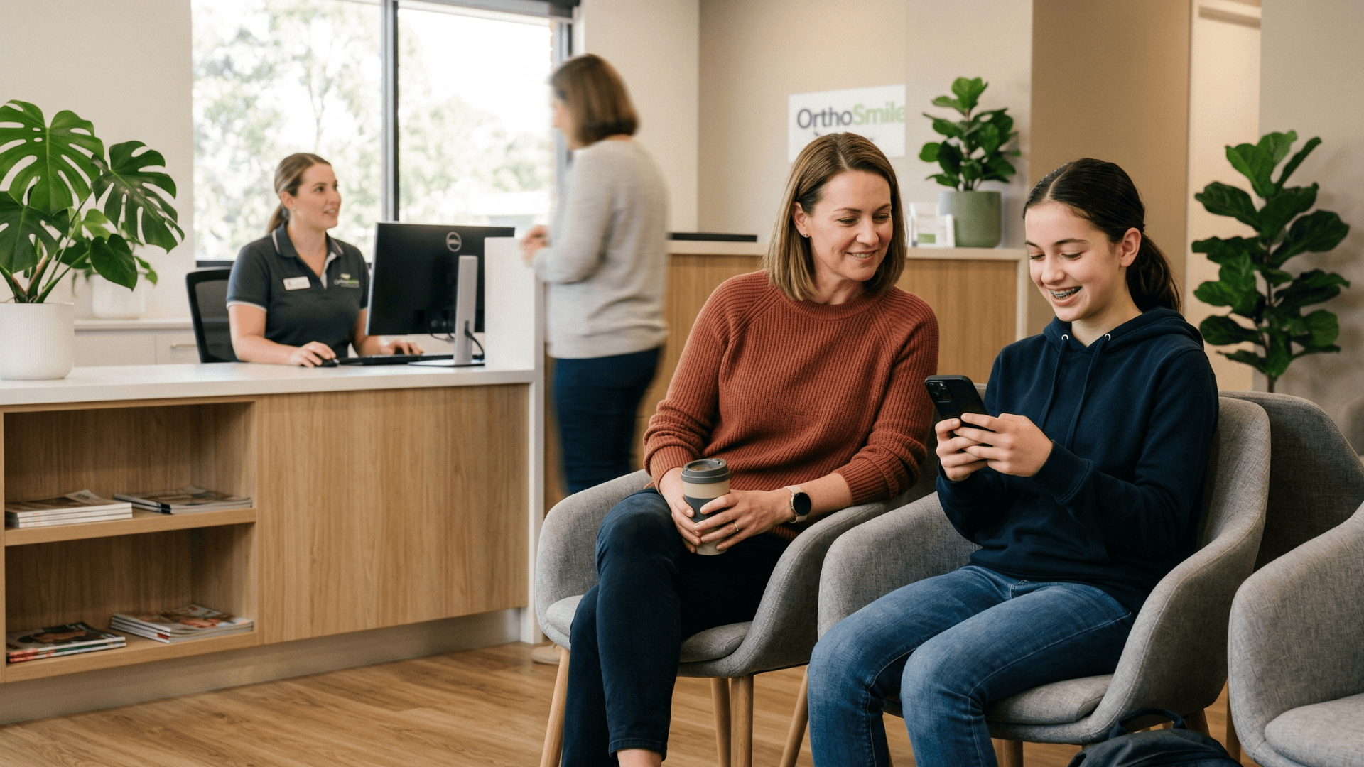 Teen patient and parent waiting at a Cloud 9 orthodontic practice reception area