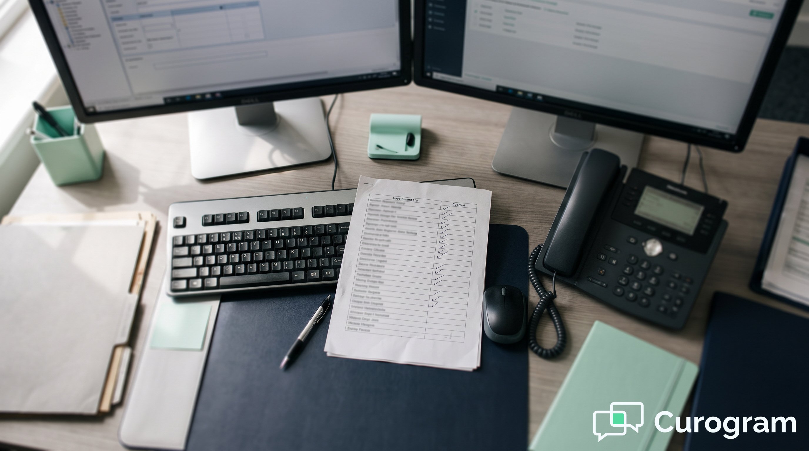 A clinic back office desk from above with two screens, a printed appointment list and a desk phone