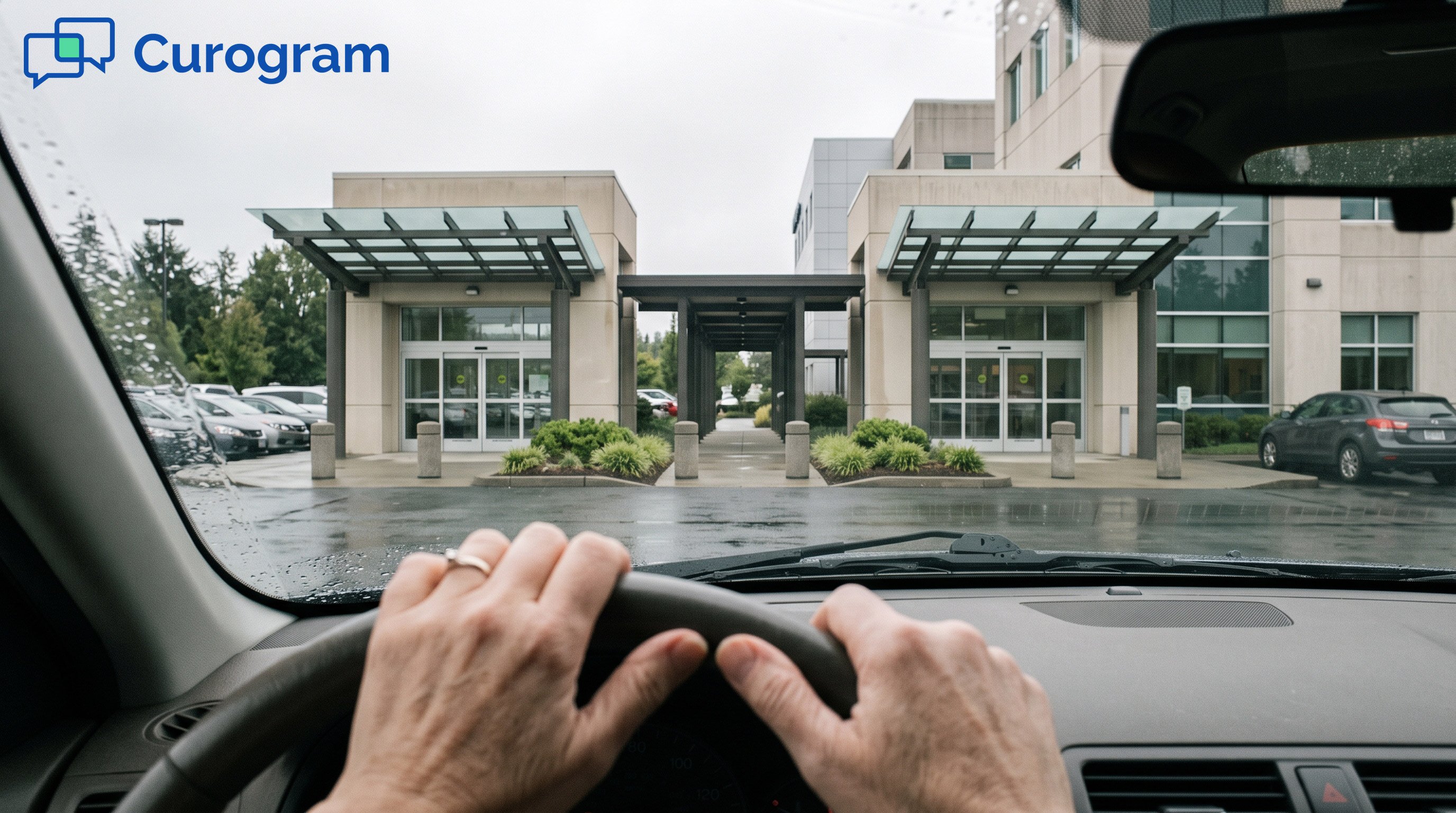 Driver looking through rainy windshield at two identical medical clinic entrances