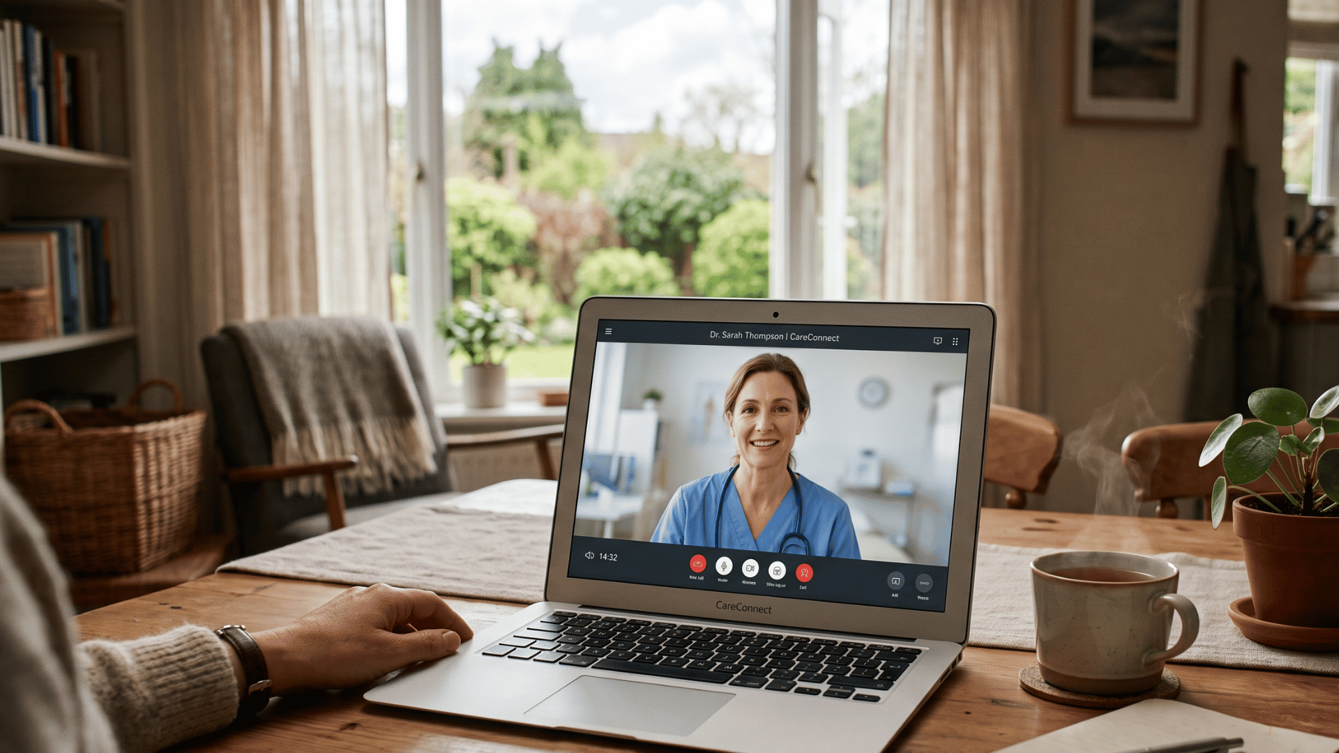 Patient joining a CharmHealth video visit on a laptop at home in warm daylight