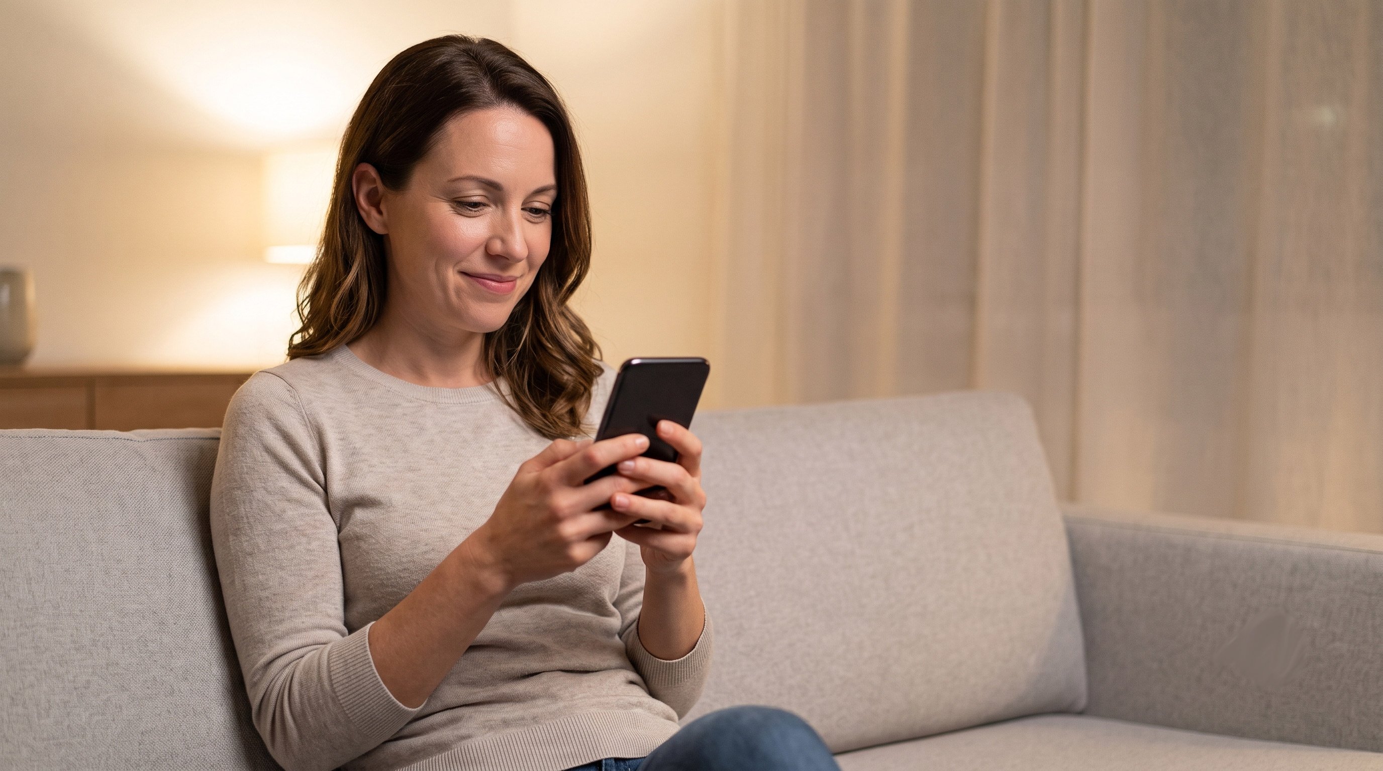 Smiling woman reading a patient text message on her phone at home