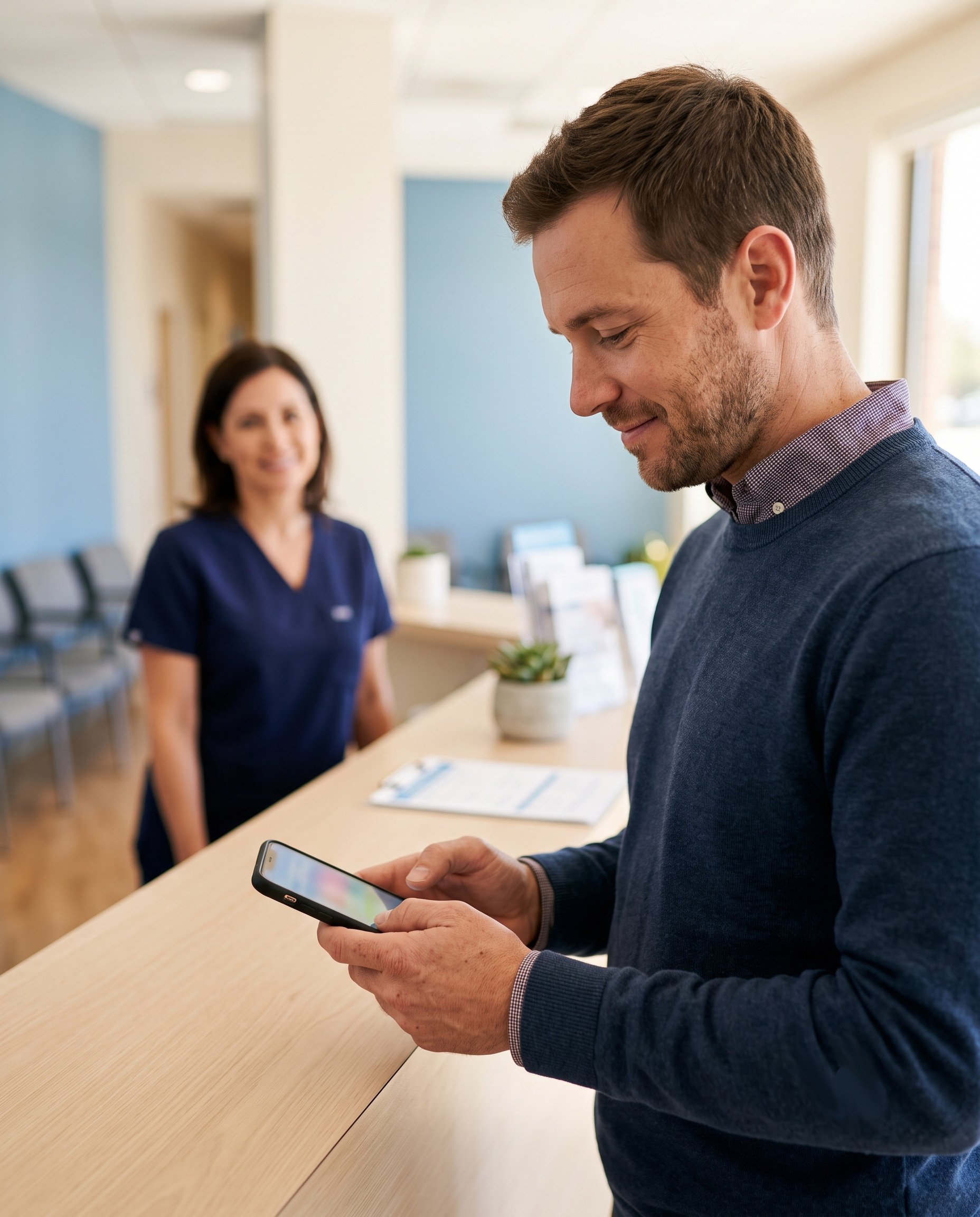 Patient uses smartphone at clinic reception desk with nurse blurred