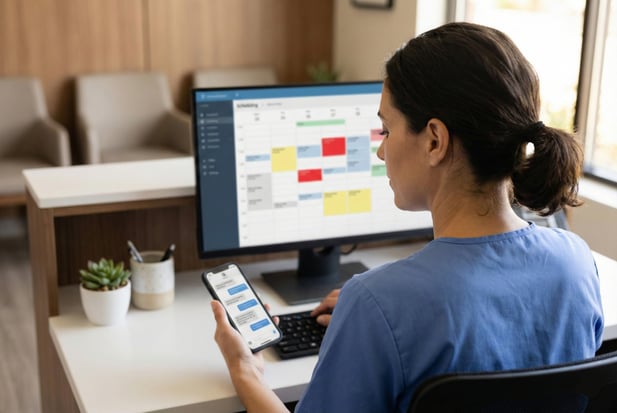 Medical staff managing patient appointments on a computer and sending text reminders on a phone