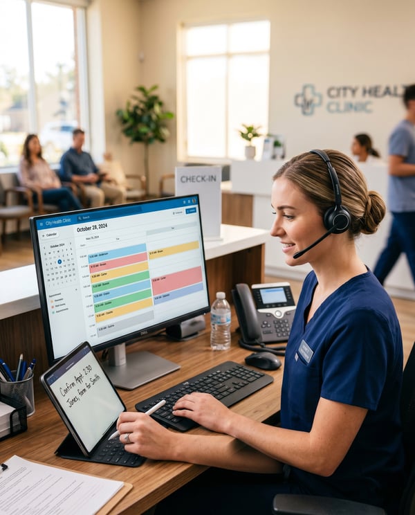 Medical receptionist with headset confirming appointments on desktop calendar and iPad stylus