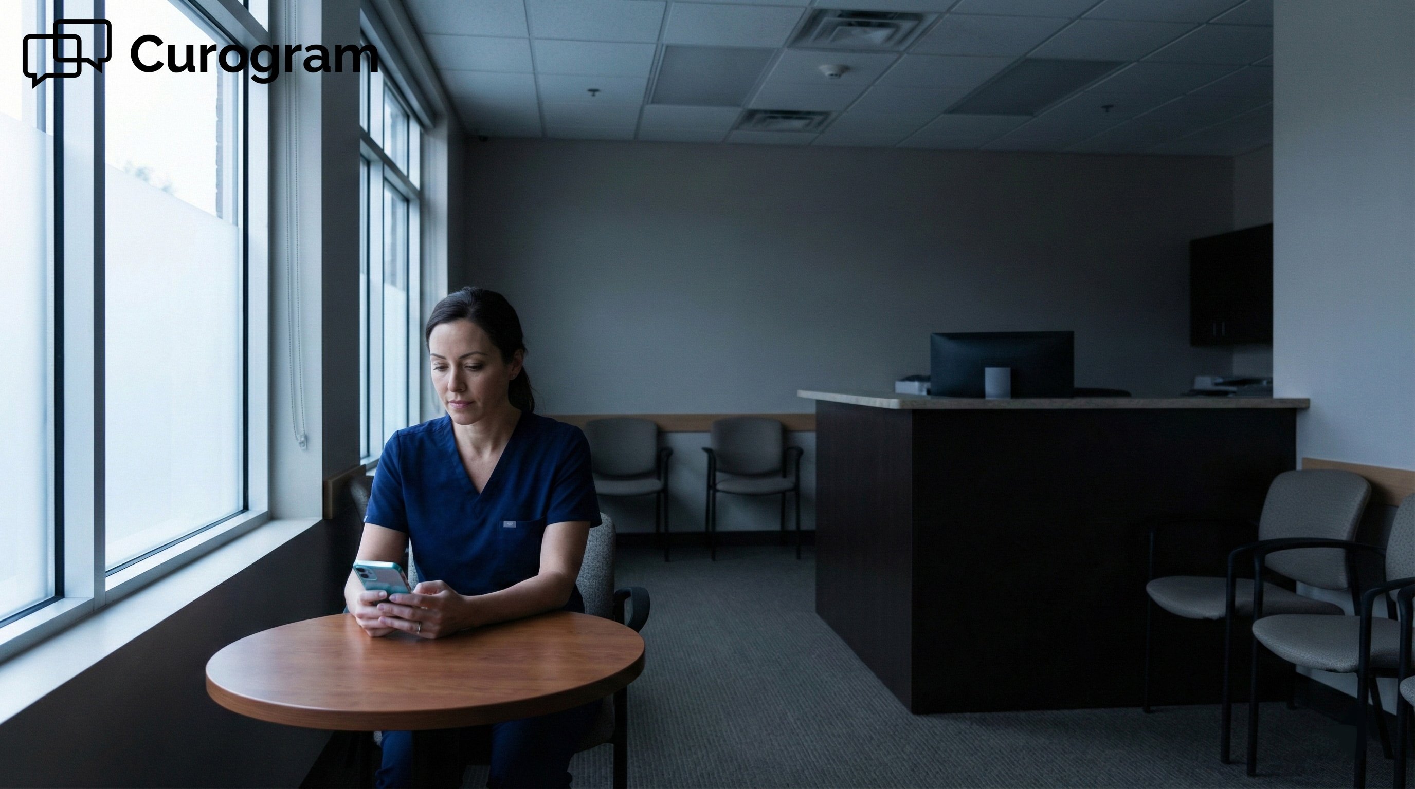 Medical office manager using her phone during a power outage, calm and prepared