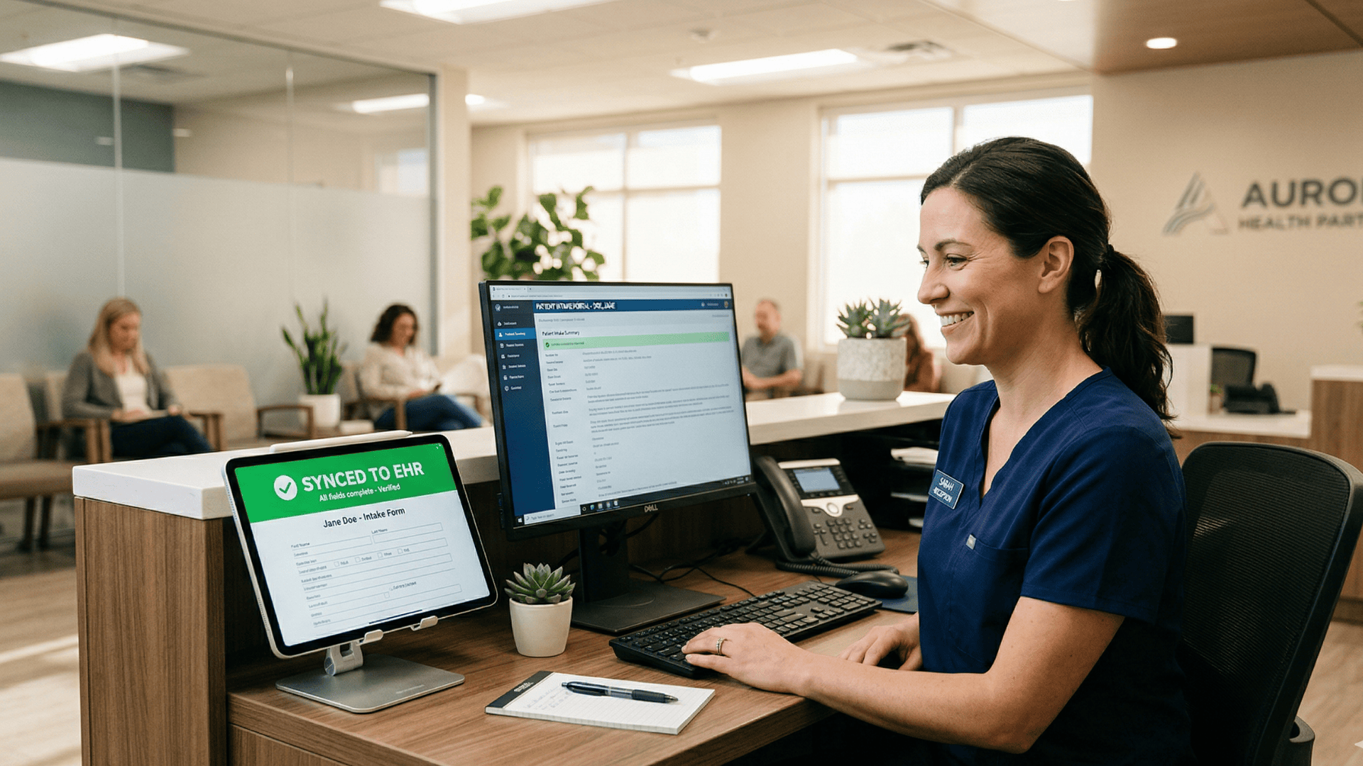 Front desk staff reviewing patient intake confirmation synced to EHR at clinic workstation