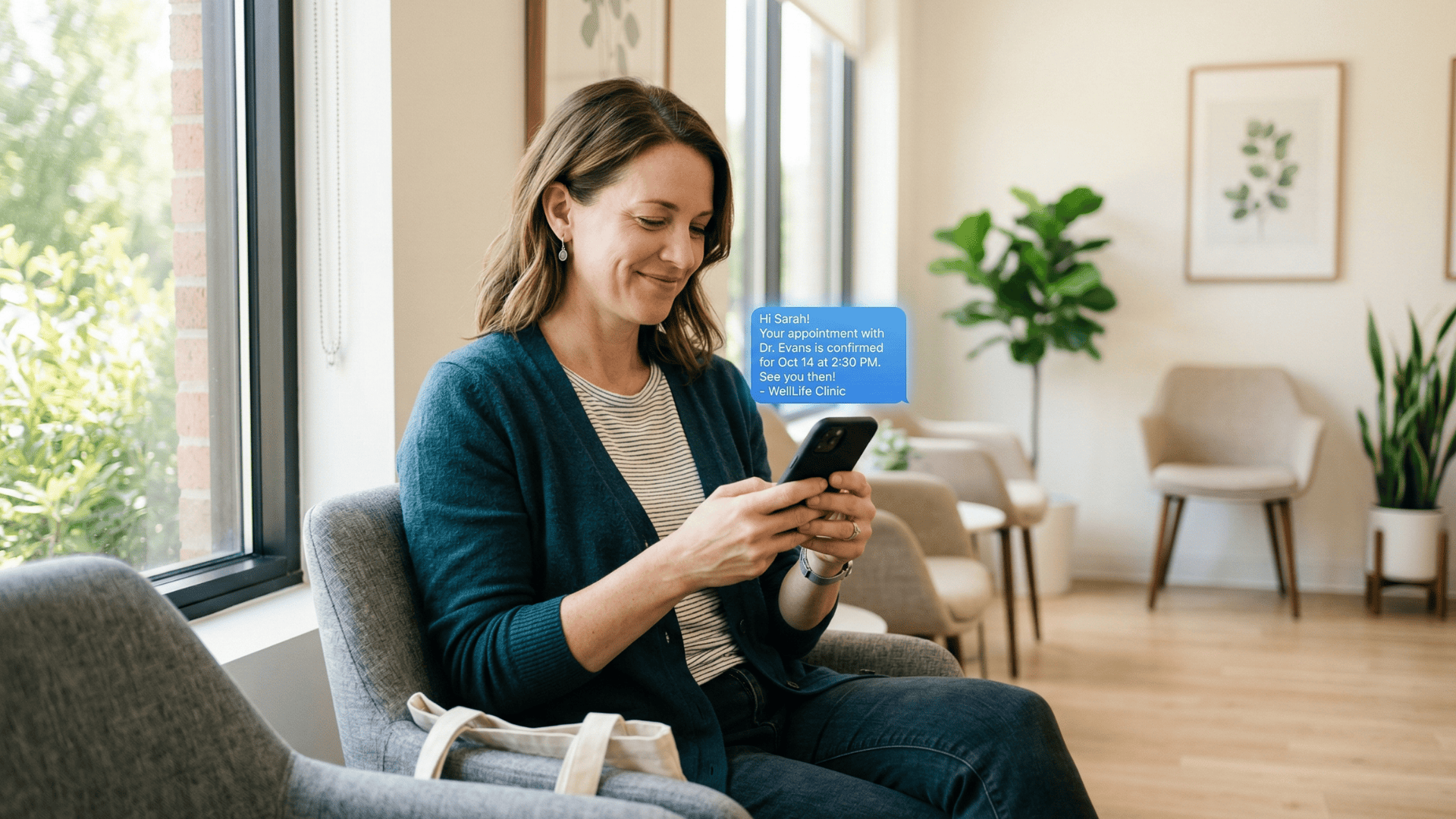 Patient confirming medical appointment via SMS text message in a modern waiting room
