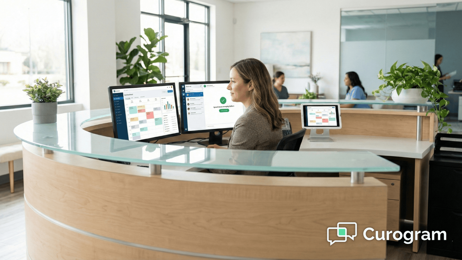 Medical office staff managing patient data through an integrated EMR dashboard