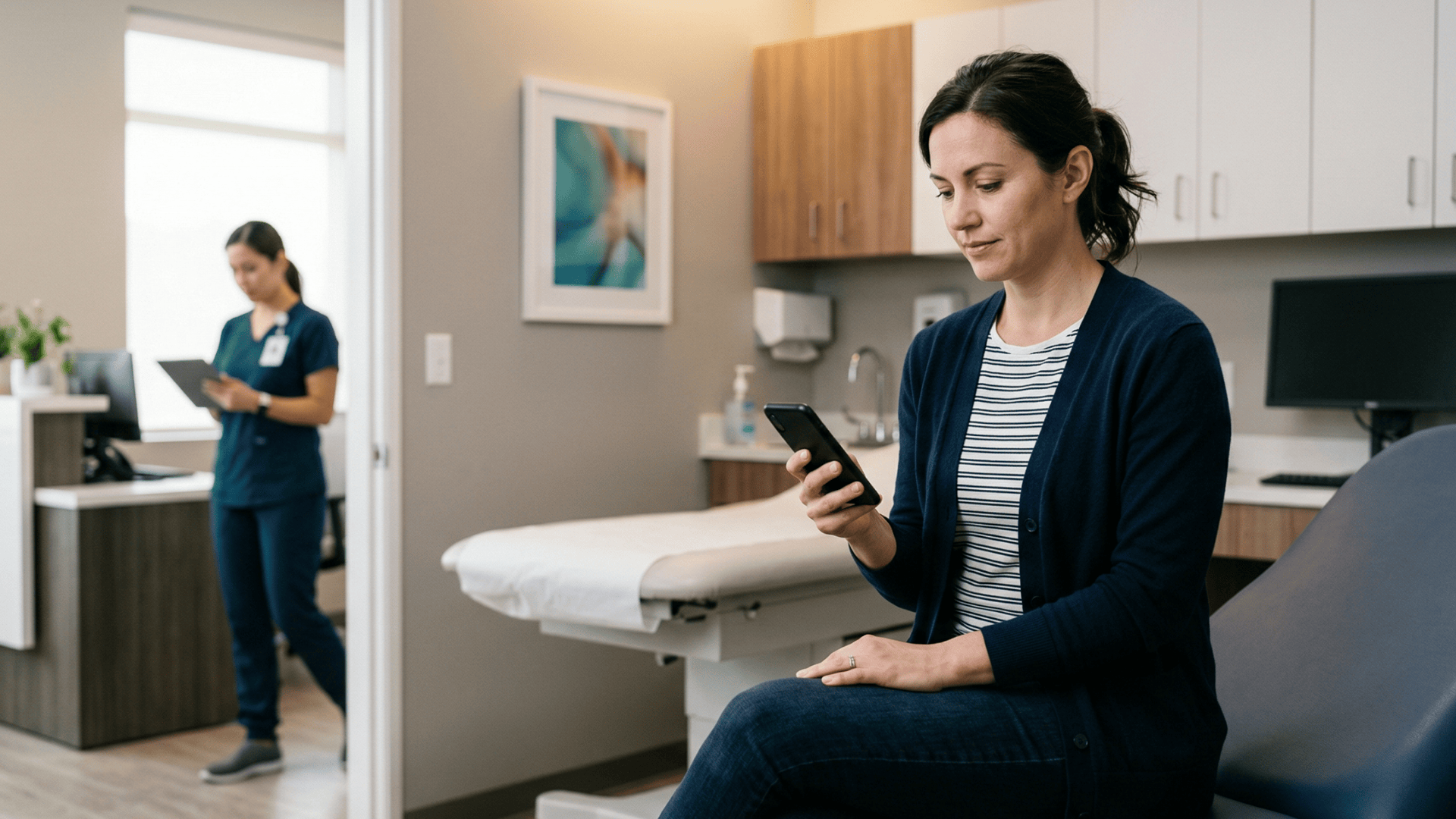 Patient completing digital intake form on smartphone in a modern medical clinic