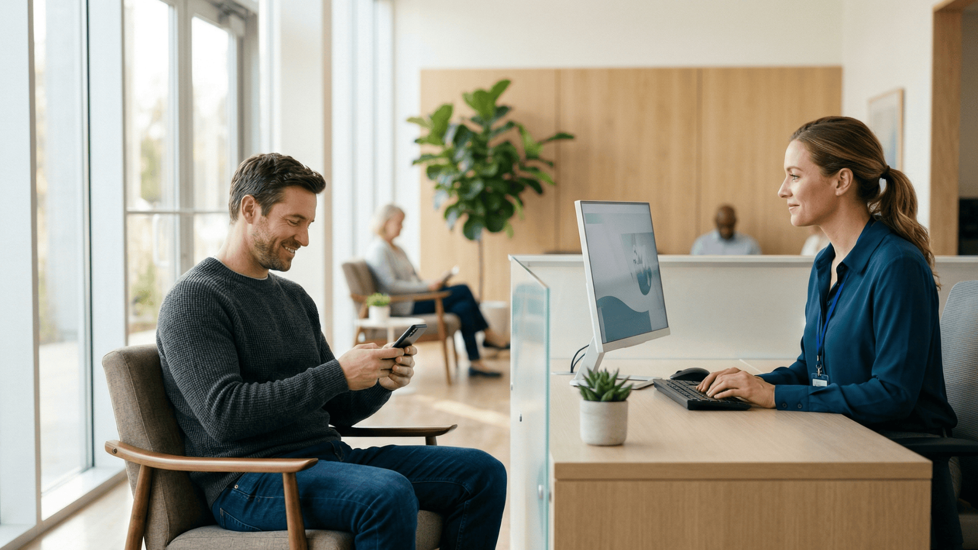 Patient receiving appointment confirmation text at clinic front desk