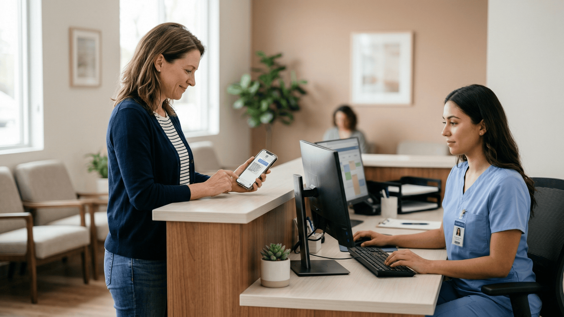 Patient receiving automated appointment confirmation text at a medical front desk