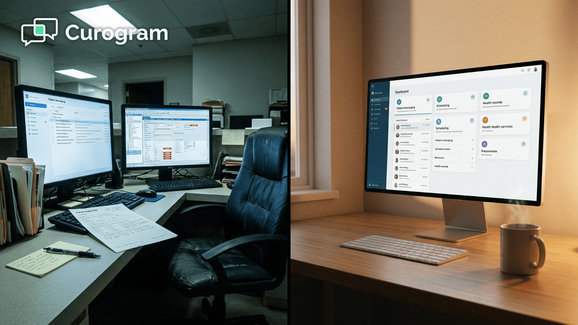 Two medical workstations contrasting manual EHR data entry vs. unified Curogram integration