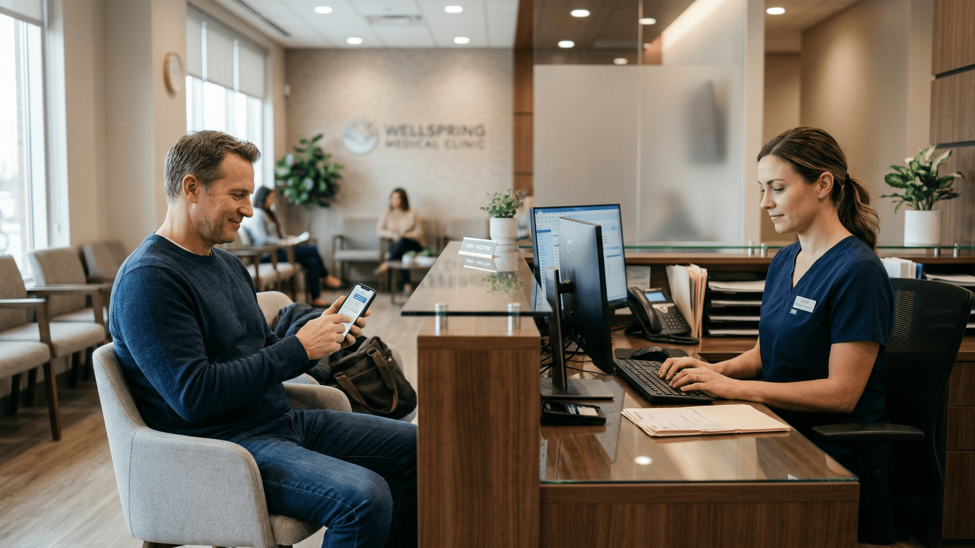 Patient texting clinic staff at front desk using Curogram's seamless EHR-connected messaging