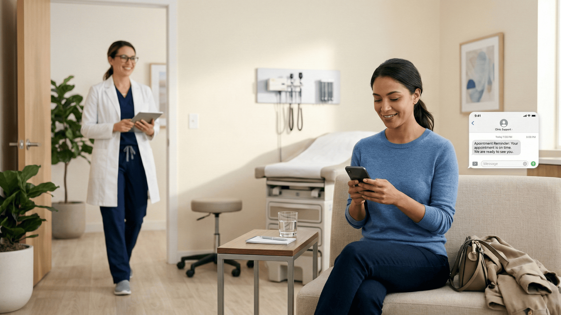 Patient checking appointment reminder on phone before a visit in a modern clinic exam room