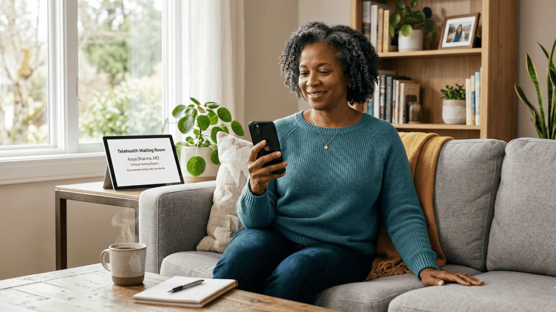 Patient confirming appointment by text at home using Curogram medical practice automation platform