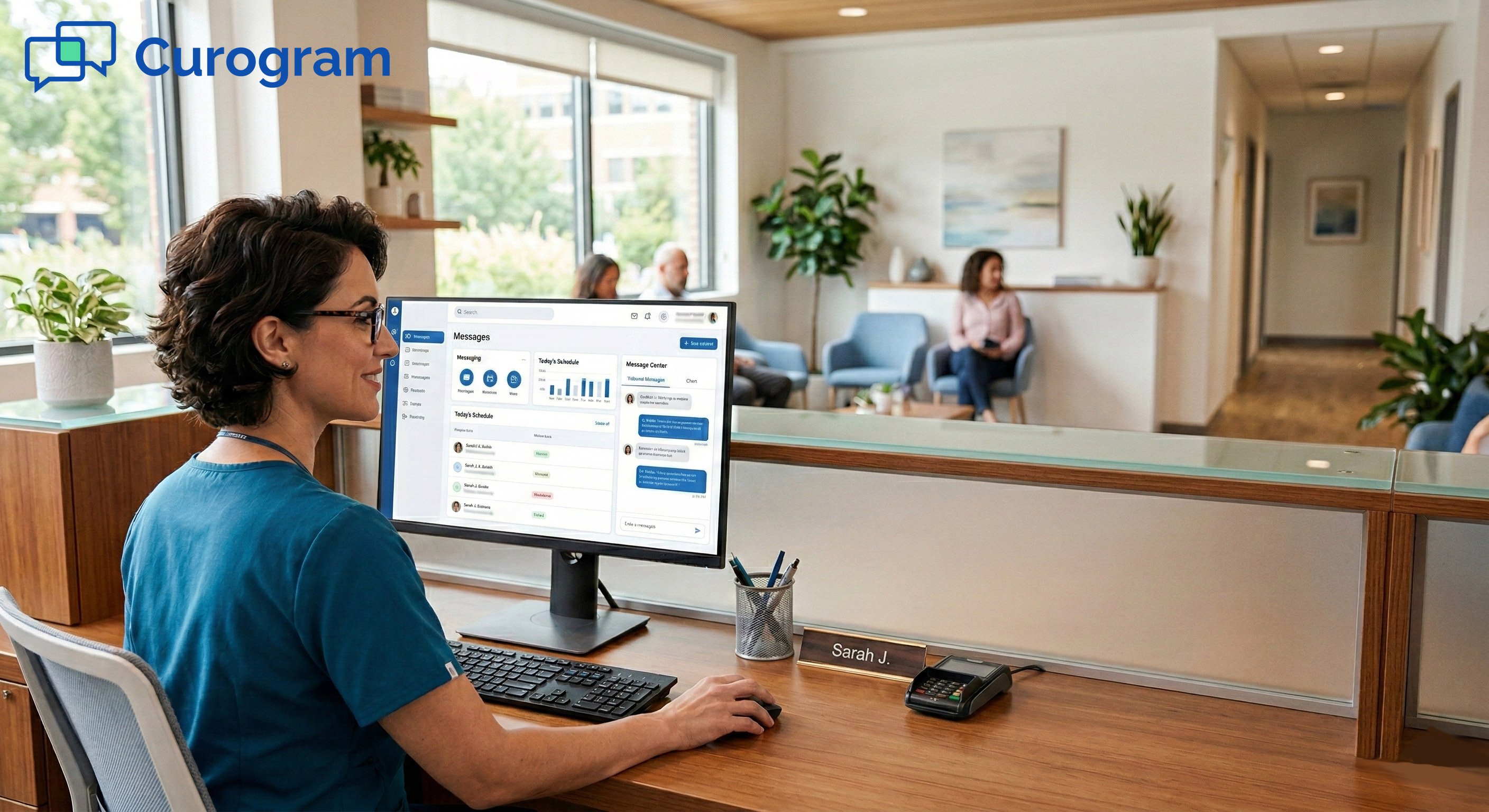 Reception area photo, inset of hands holding smartphone with patient messaging interface
