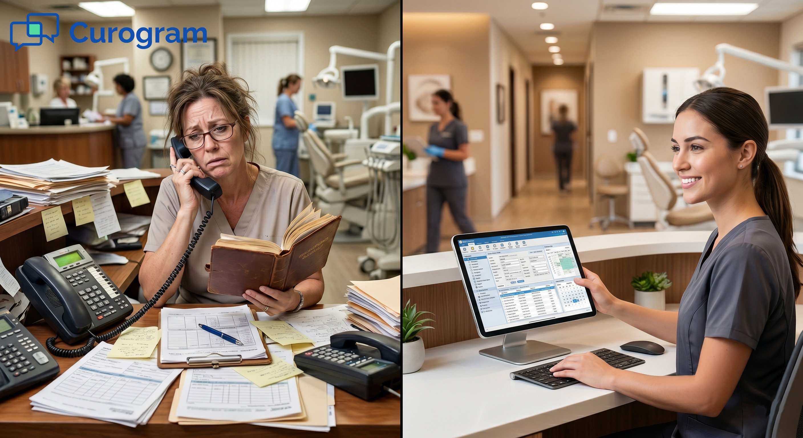 Chaotic vs. streamlined front desk workflow; a stressed vs. modern receptionist