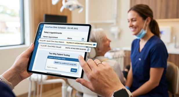 Hand holding tablet showing dental clinic scheduling and telehealth features