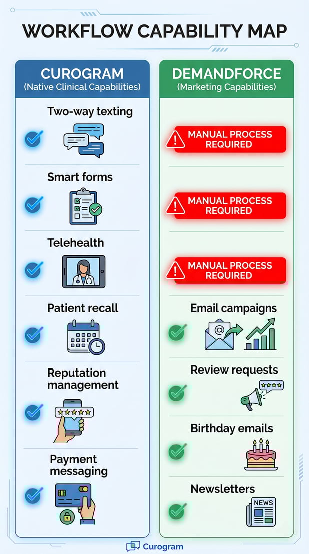 Comparison map of Curogram clinical and Demandforce marketing capabilities