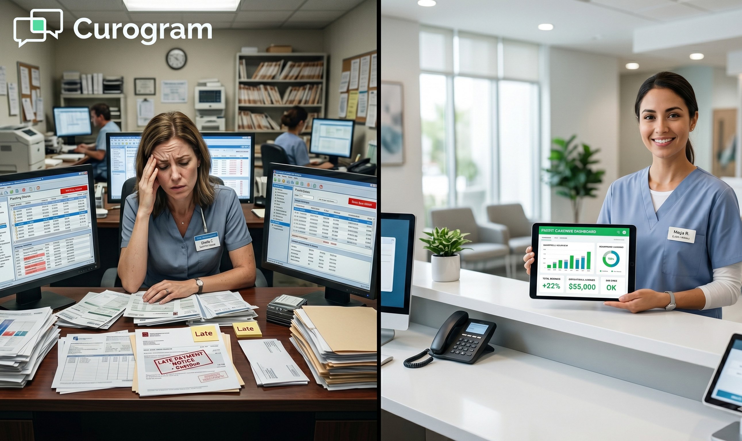 Two-panel comparison of an inefficient medical office vs a streamlined, consolidated system