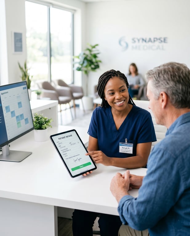 A medical receptionist points to a unified digital dashboard for patient intake and savings