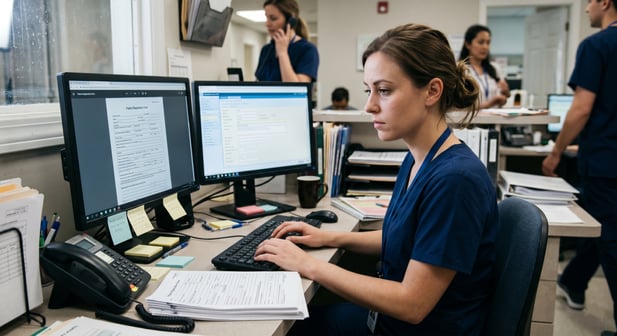 Medical receptionist doing manual data transcription from intake form to computer