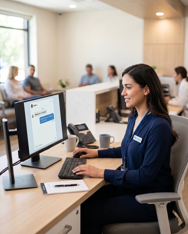 Efficient medical office administrator typing at a bright clinic workstation
