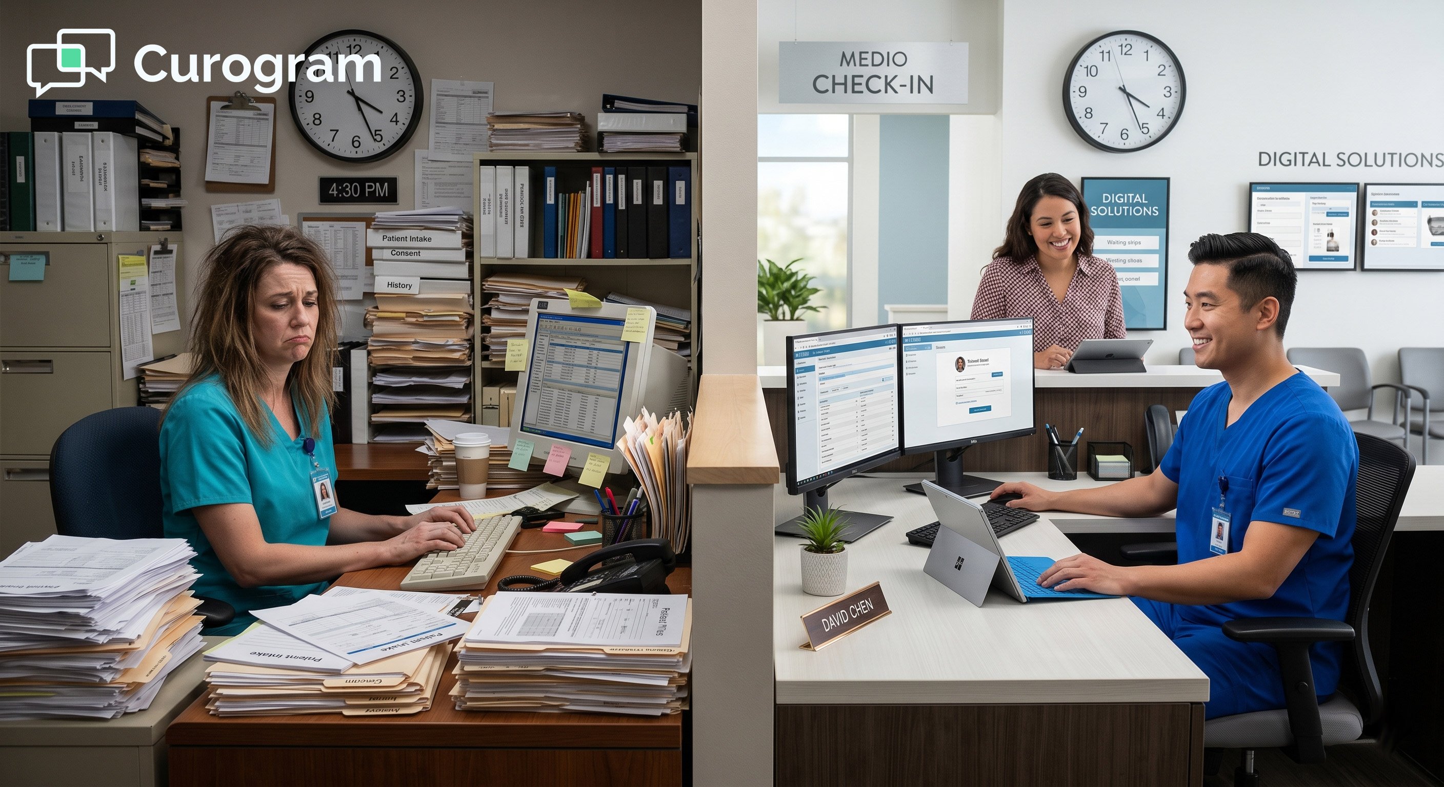 Healthcare automation vs manual patient intake: dual-panel photo showing chaotic and tidy front desks