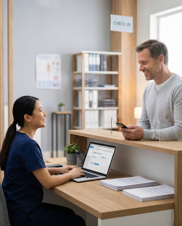 Efficient healthcare front desk: happy receptionist and patient at serene check-in counter