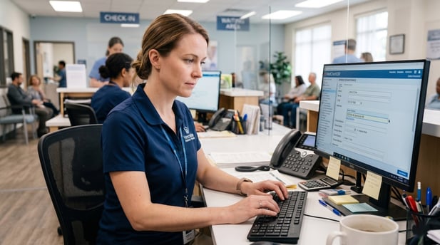 Close-up of medical receptionist manually transcribing data from paper into EHR system
