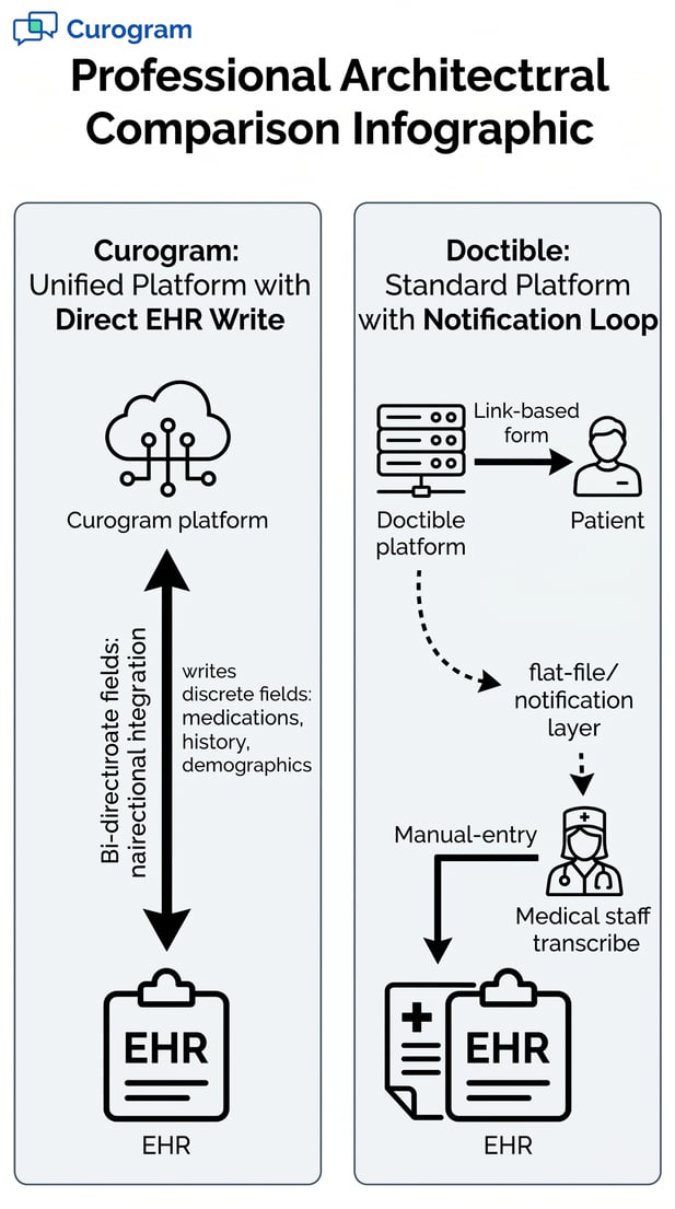 Diagram comparing Curogram's direct EHR write to Doctible's manual data transcription loop