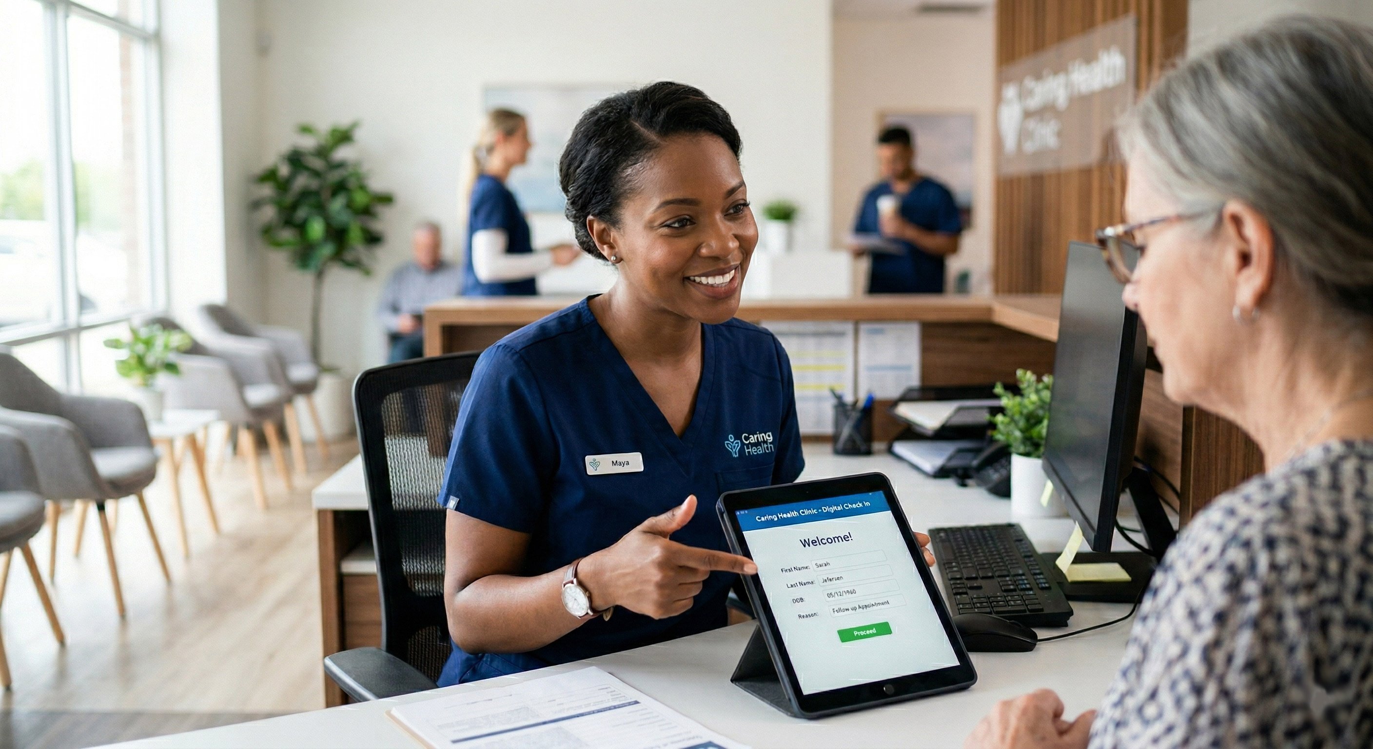 Medical staff helping a patient with check-in