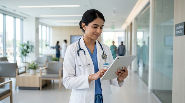 Healthcare professional with tablet showing data-driven medical practice efficiency