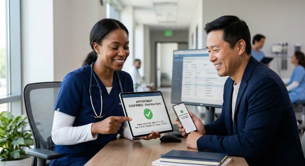 Medical staff and patient smiling at a confirmed appointment