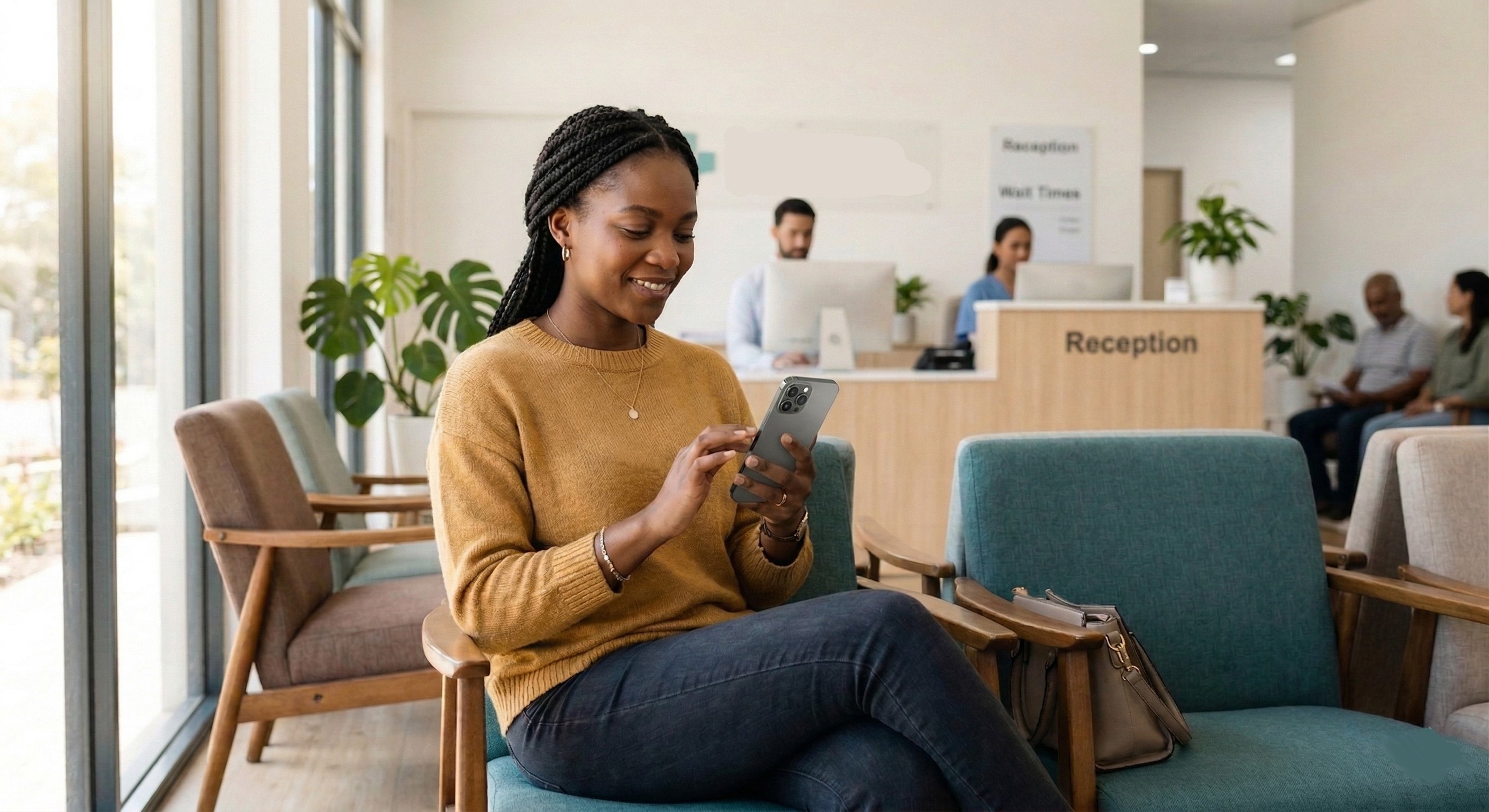 Realistic stock photo: patient filling out a digital intake form on their smartphone in a modern clinic