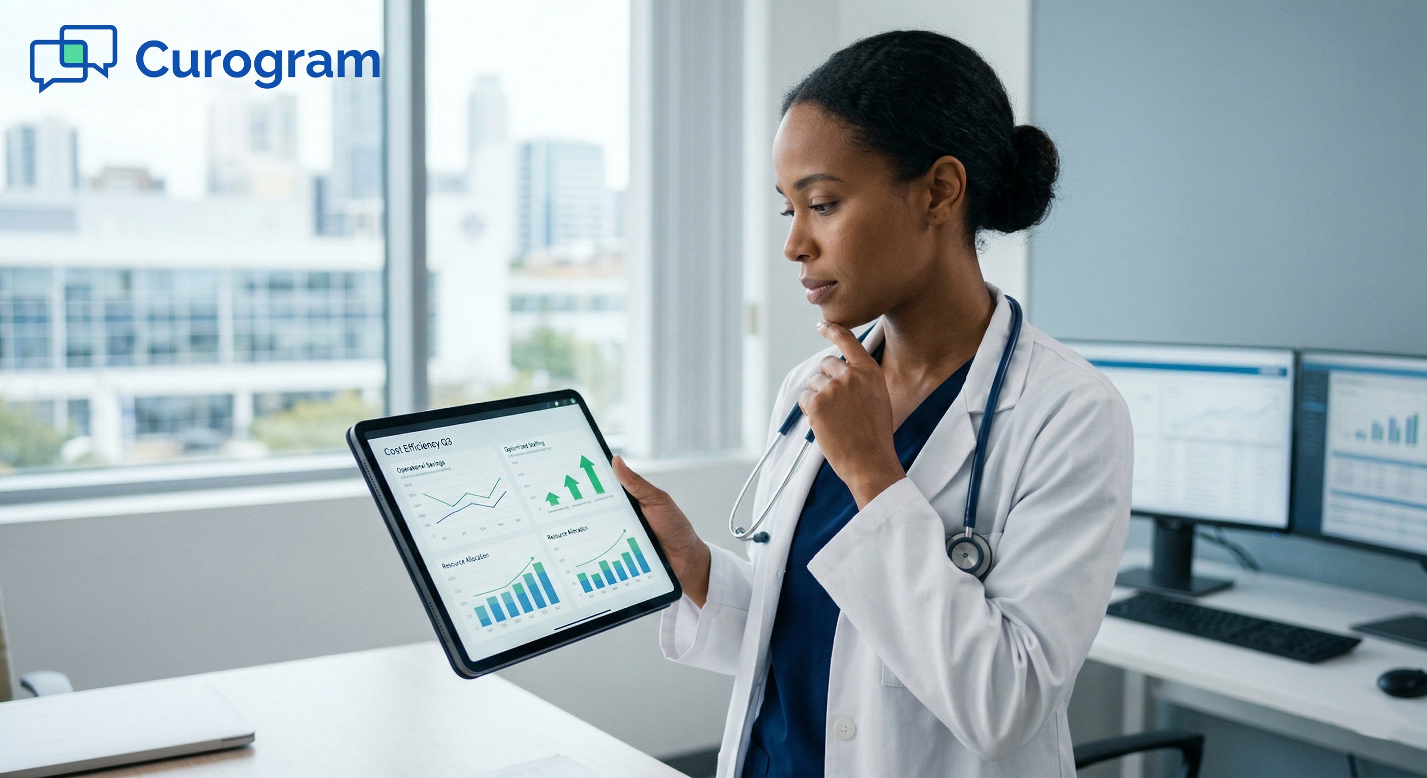 Professional doctor analyzing healthcare financial metrics and TCO data on a tablet