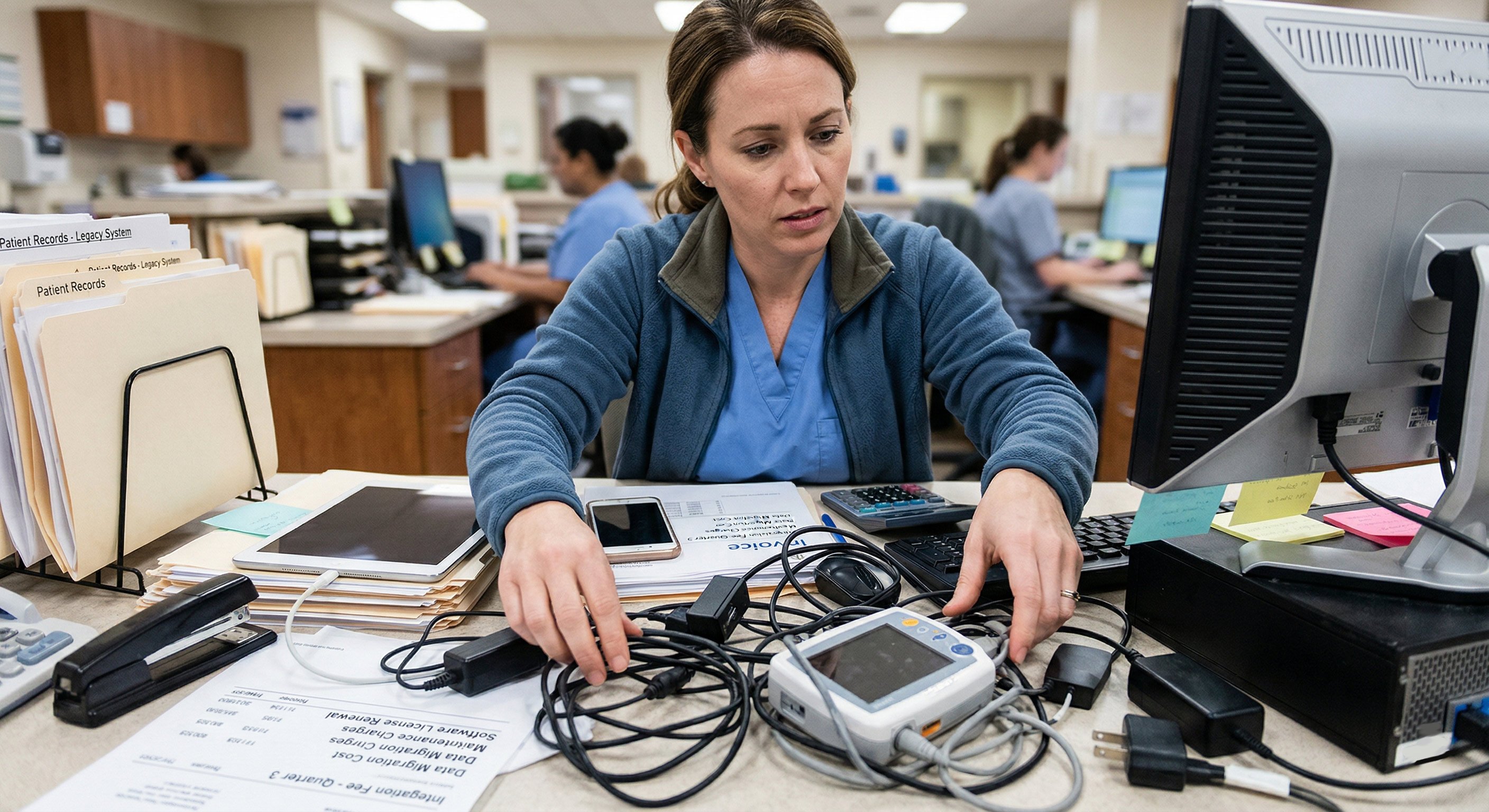 Staff struggling to connect fragmented devices and tangled wires, illustrating hidden tech costs