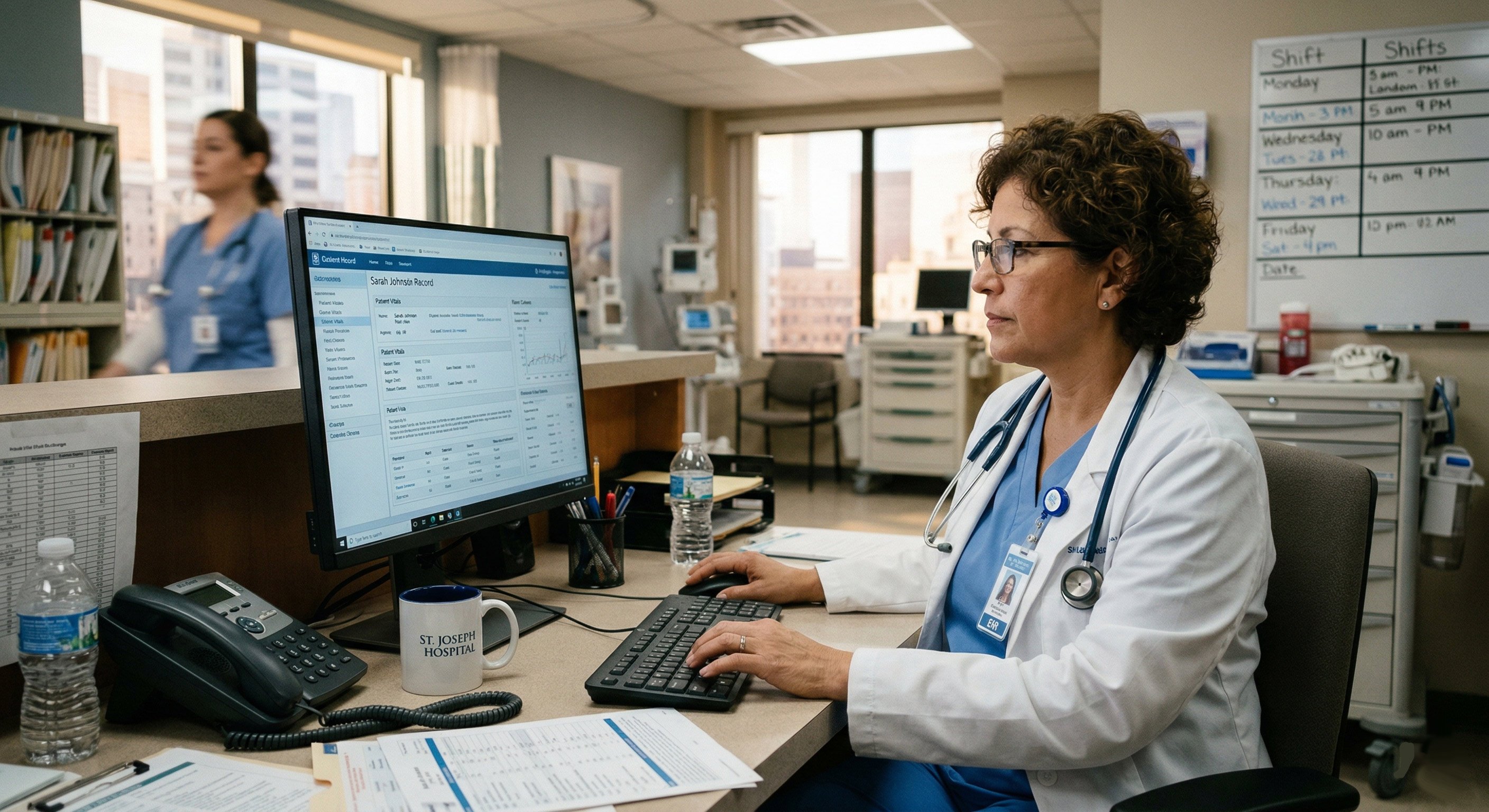 Female physician using EHR on a computer at a hospital workstation