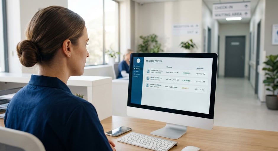 A clinic coordinator at her desk, viewing a simple patient messaging dashboard for appointment confirmations