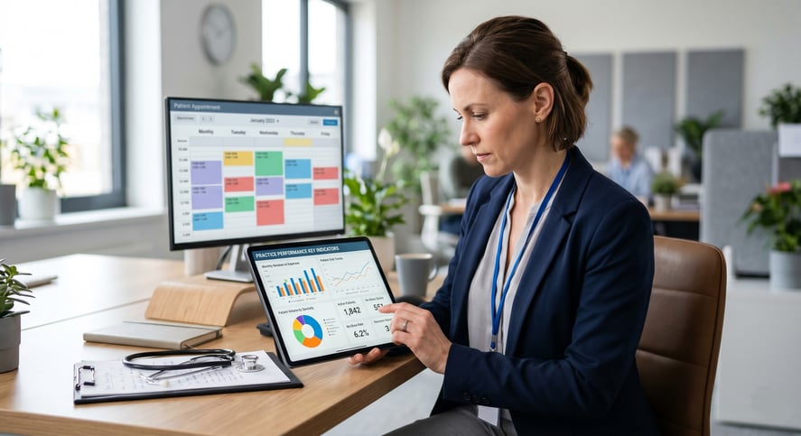 Medical administrator frustrated by inefficient reporting and dense spreadsheets on a computer.
