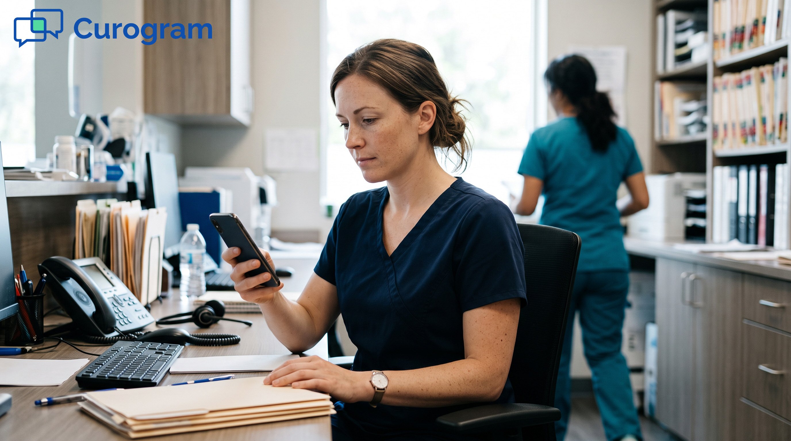 Healthcare staff reading a message on a smartphone in a clinic office