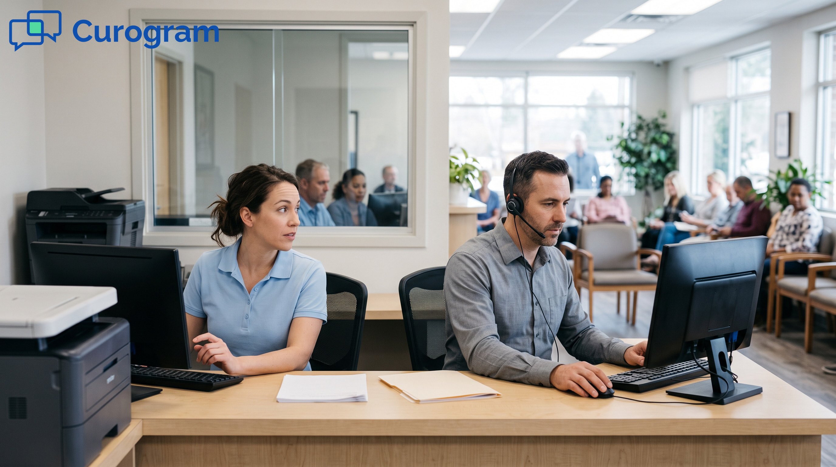 Two clinic front-desk staff managing patient communication at computer screens