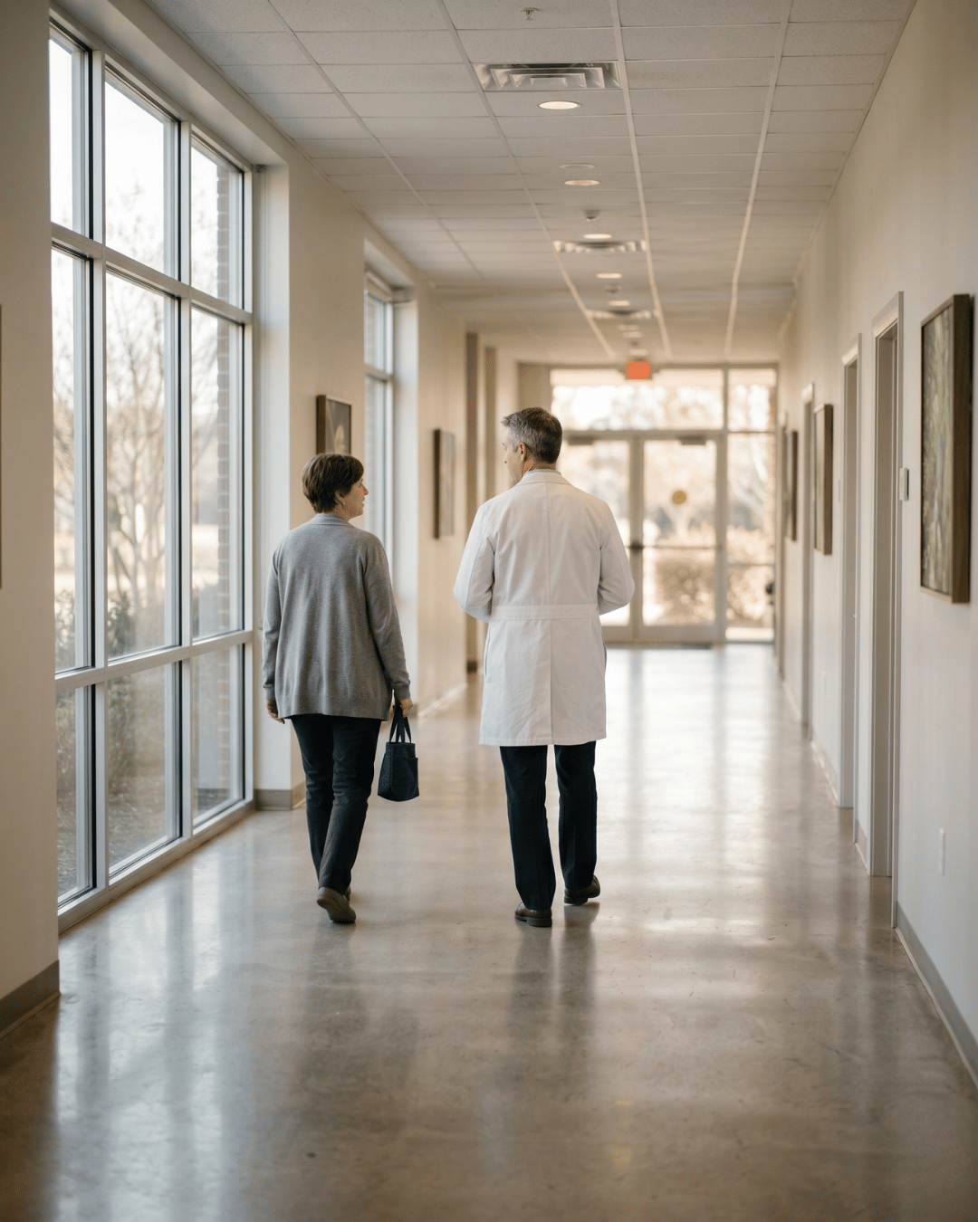 Doctor walking a patient down a sunlit clinic corridor after a positive consultation.