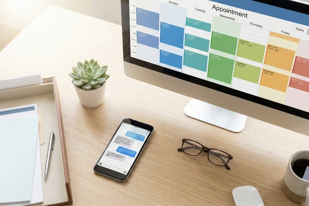 Medical office desk with digital scheduling calendar and patient SMS reminder