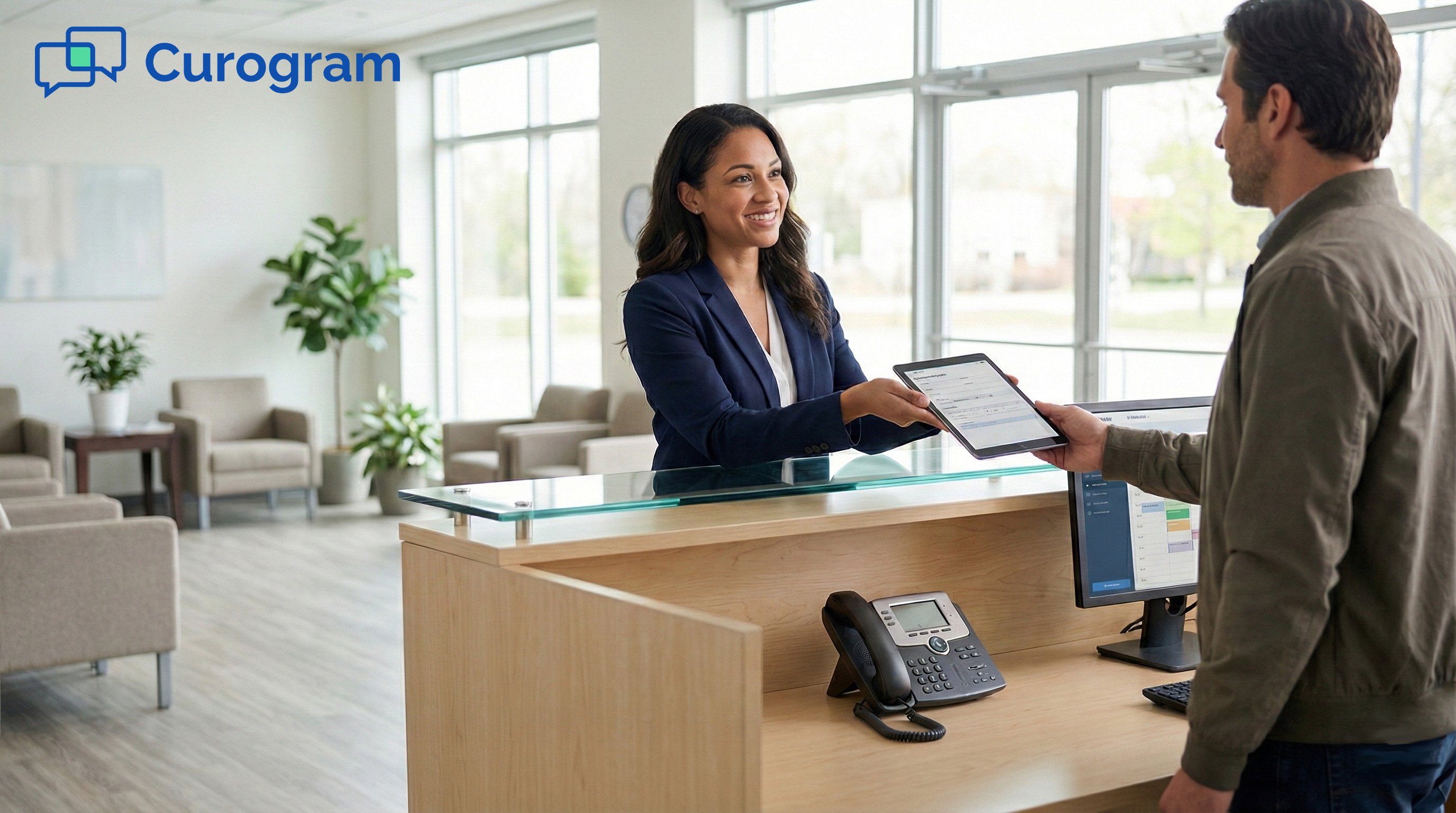 Smiling medical receptionist handing a digital check-in tablet to a patient in a modern office lobby