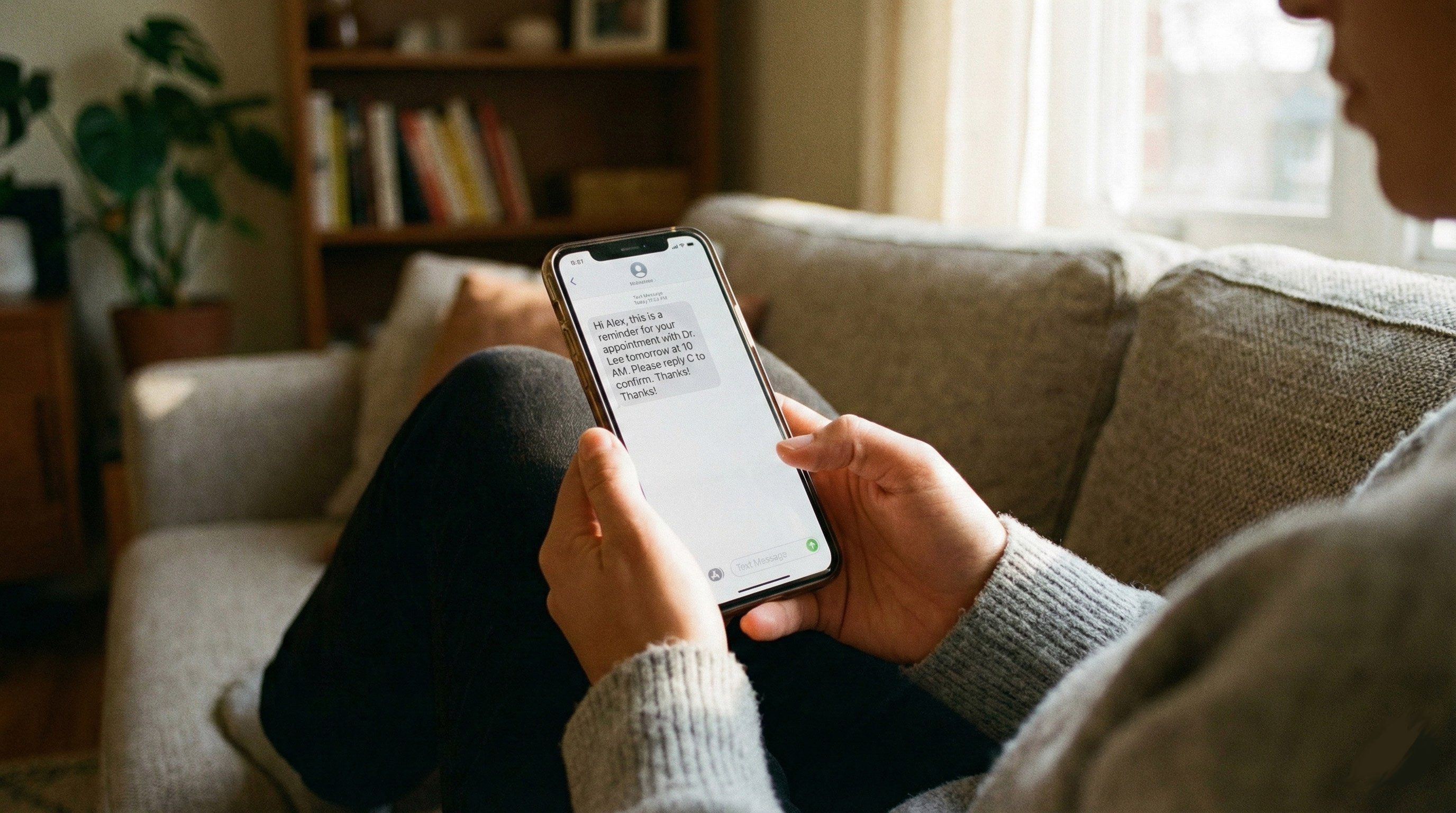 Person holding a smartphone displaying a medical appointment reminder text message