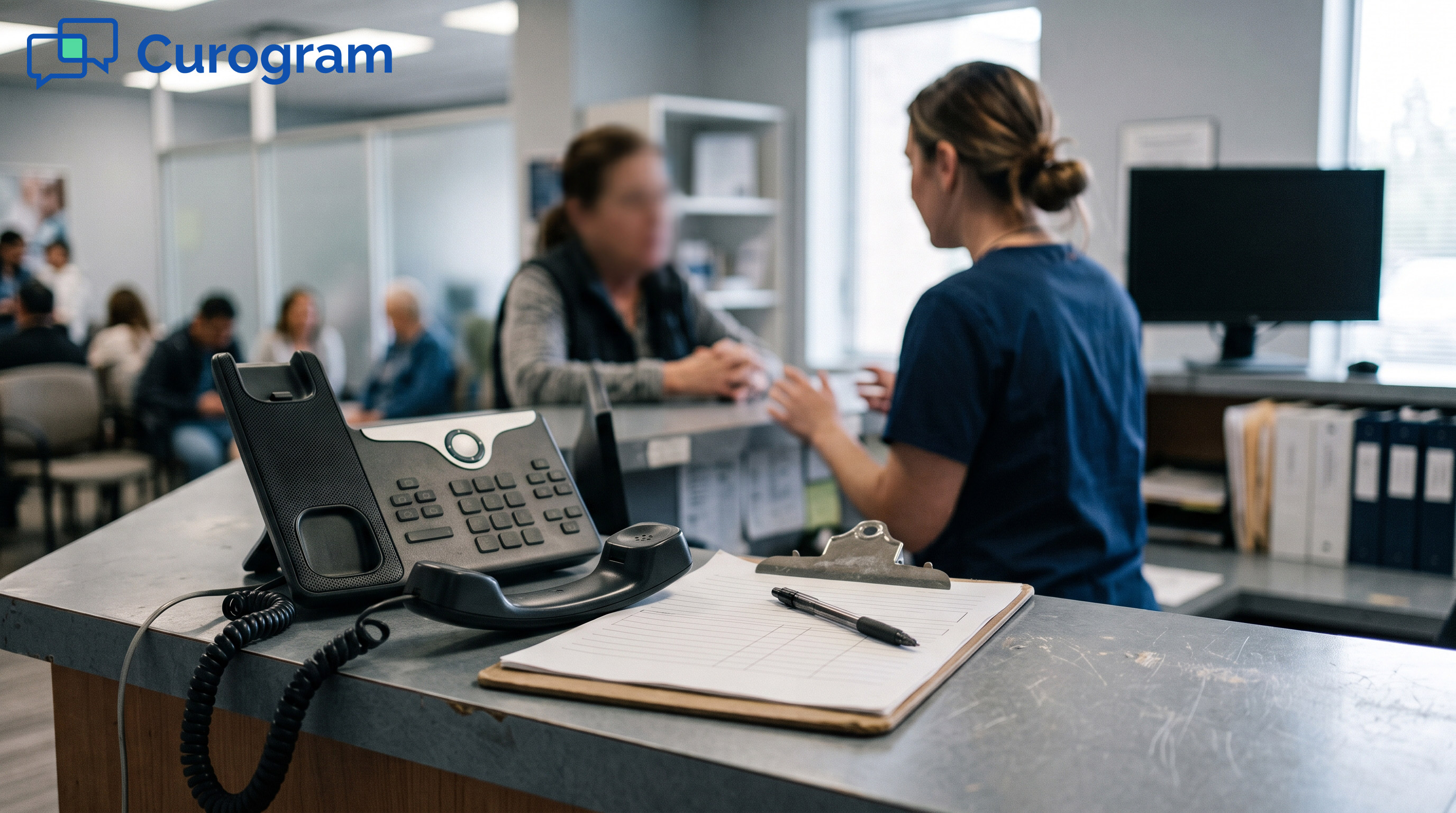 Off-hook phone and patient intake form on a busy medical reception desk