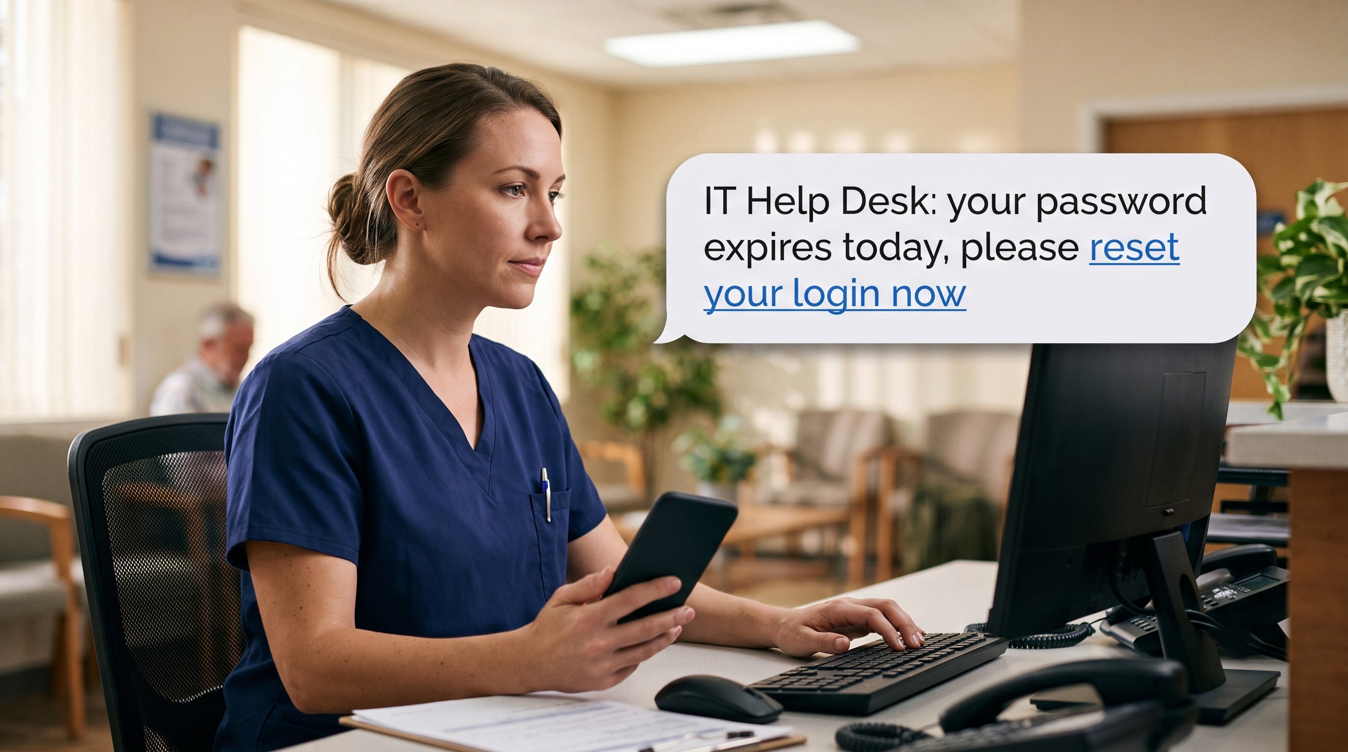 Close-up of a fake IT Help Desk text message bubble demanding a quick password reset
